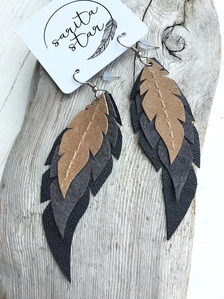 Acacia - Layered Leather Feather Earrings