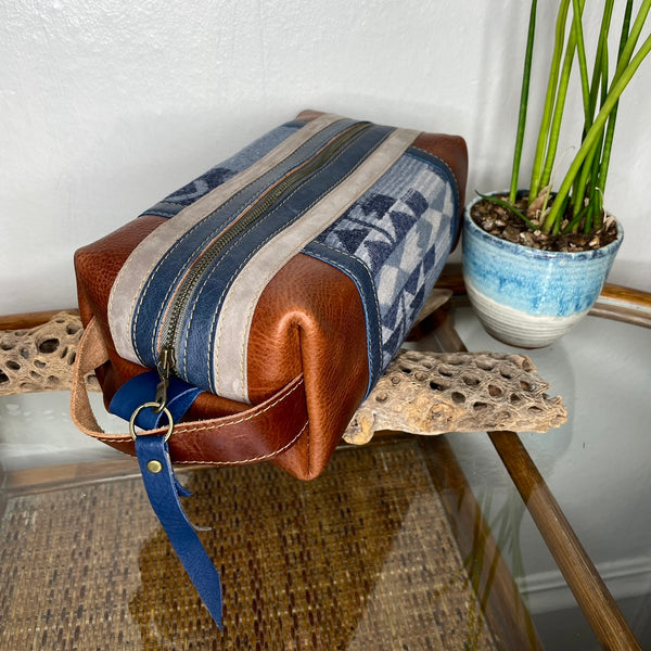 dopp kit in retro red with blue