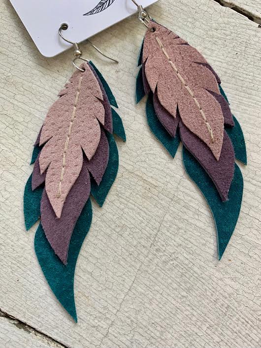 Cora - Layered Leather Feather Earrings