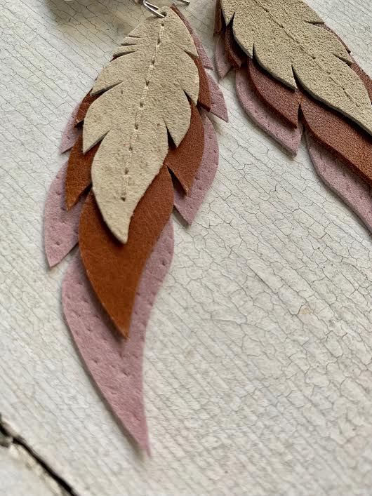 Moroccan - Layered Leather Feather Earrings