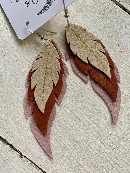 Moroccan - Layered Leather Feather Earrings