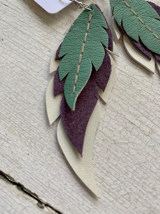 Mint Requiem - Layered Leather Feather Earrings