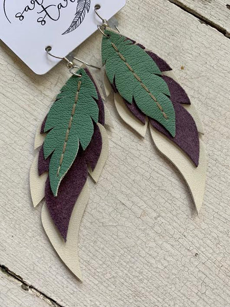 Mint Requiem - Layered Leather Feather Earrings