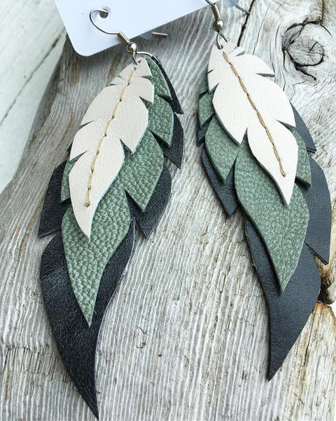 Sage & Stone-Layered Leather Feather Earrings