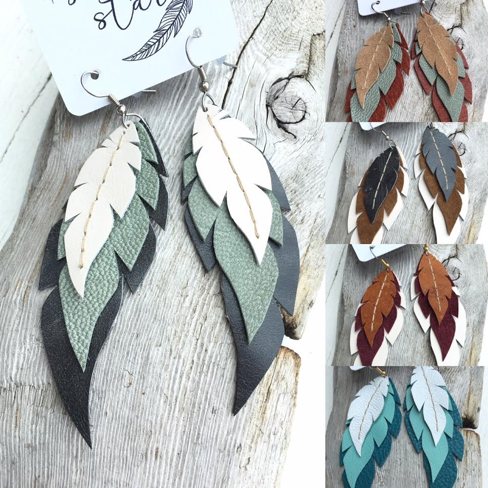 Sage & Stone-Layered Leather Feather Earrings