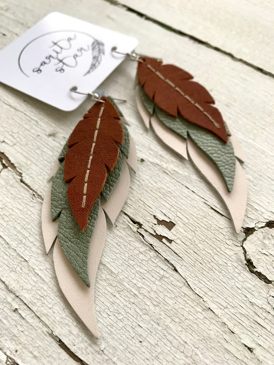 Earthy Southwest - Layered Leather Feather Earrings