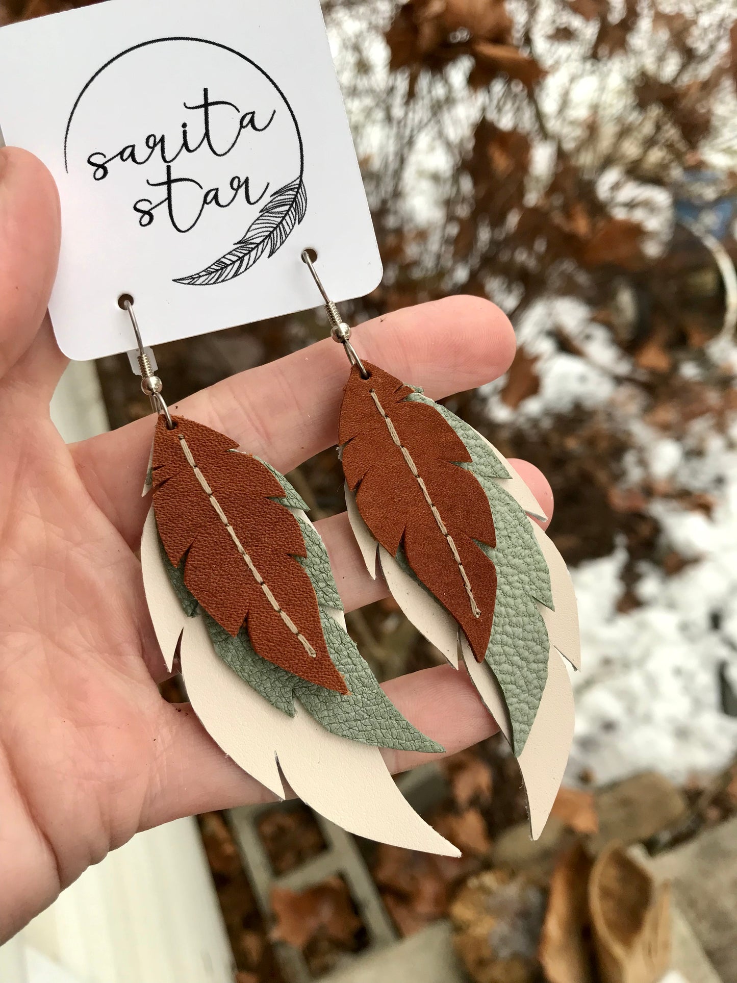 Earthy Southwest - Layered Leather Feather Earrings