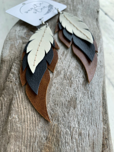 Badlands - Layered Leather Feather Earrings