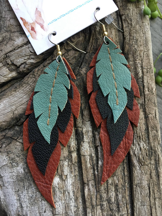 Ocotillo - Layered Leather Feather Earrings