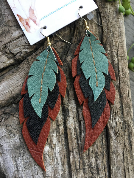 Ocotillo - Layered Leather Feather Earrings