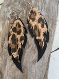 Leopard Print on Black Feathers - Leather Earrings