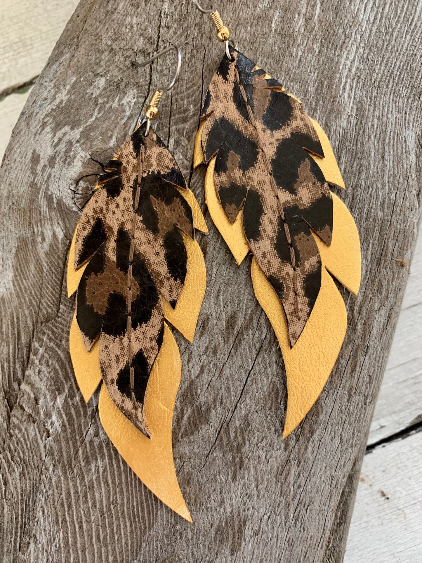 Leopard Print on Gold Feathers - Leather Earrings
