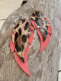 Leopard Print on Hot Pink Feathers - Leather Earrings