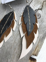 Owl - Layered Leather Feather Earrings