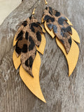 Leopard Print on Gold Feathers - Leather Earrings