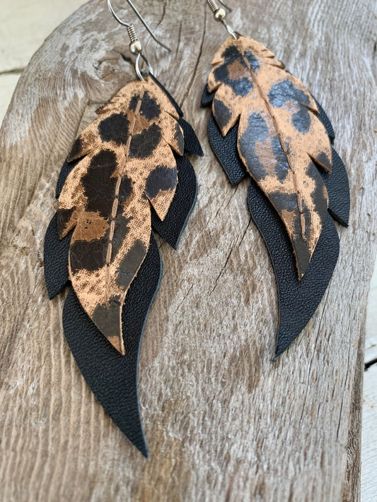 Leopard Print on Black Feathers - Leather Earrings