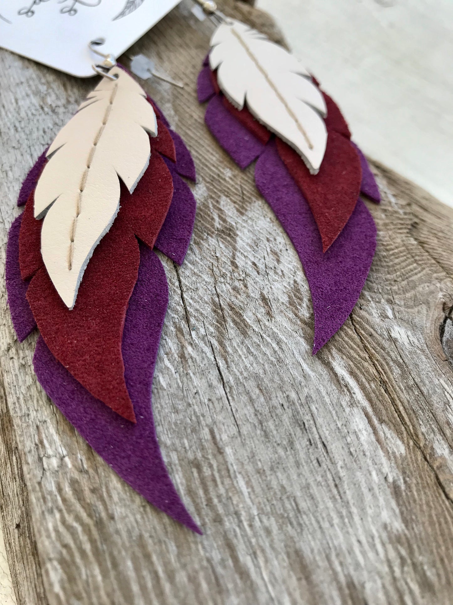 Lupine - Layered Leather Feather Earrings