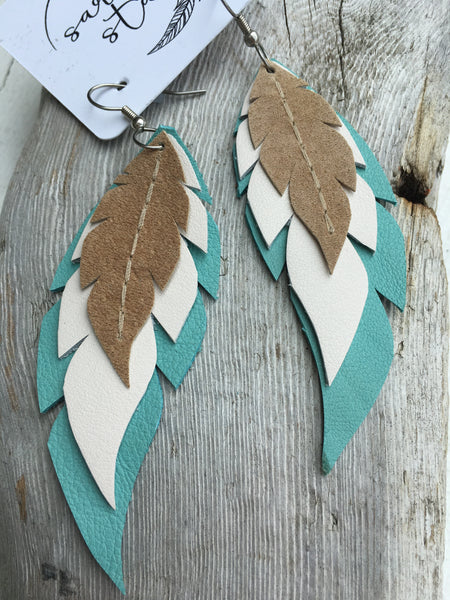 Bloom - Layered Leather Feather Earrings