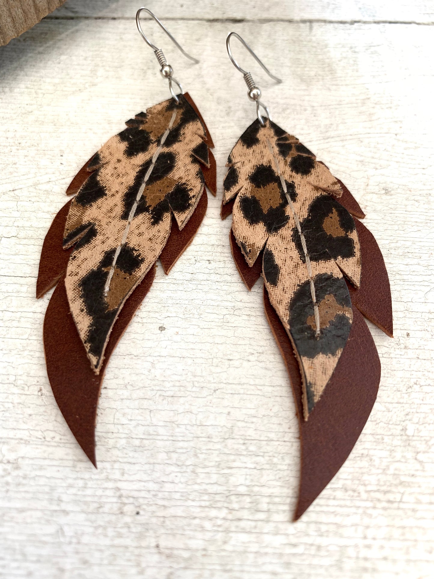 Leopard Print Feathers - Layered Leather Feather Earrings