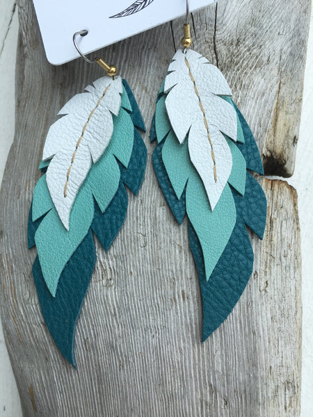Jade - Layered Leather Feather Earrings