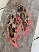 Leopard Print on Hot Pink Feathers - Leather Earrings