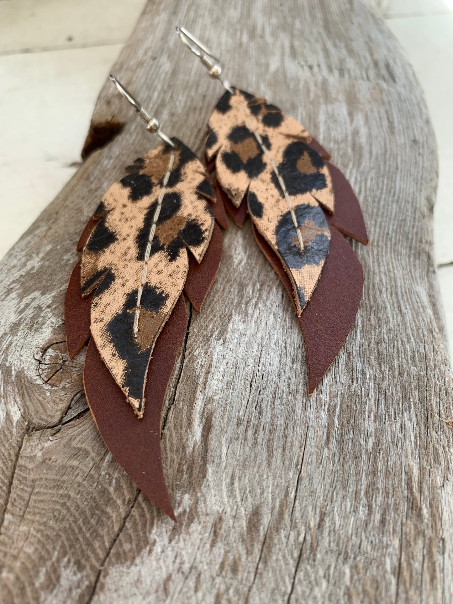 Leopard Print Feathers - Layered Leather Feather Earrings