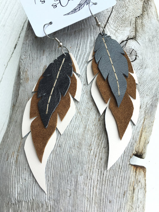 Owl - Layered Leather Feather Earrings
