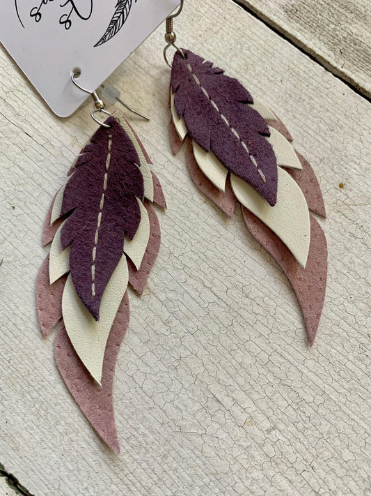 Desert Dusk - Layered Leather Feather Earrings